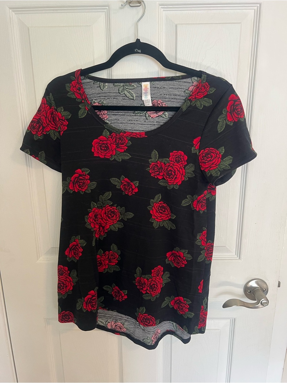 LuLaRoe Black Short Sleeve Tee with Red Rose Print